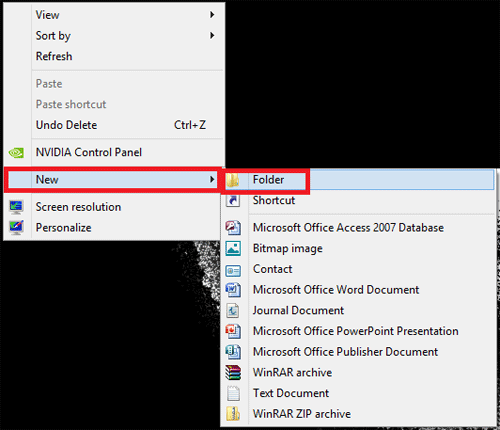 Windows 8 Desktop, New Folder Menu